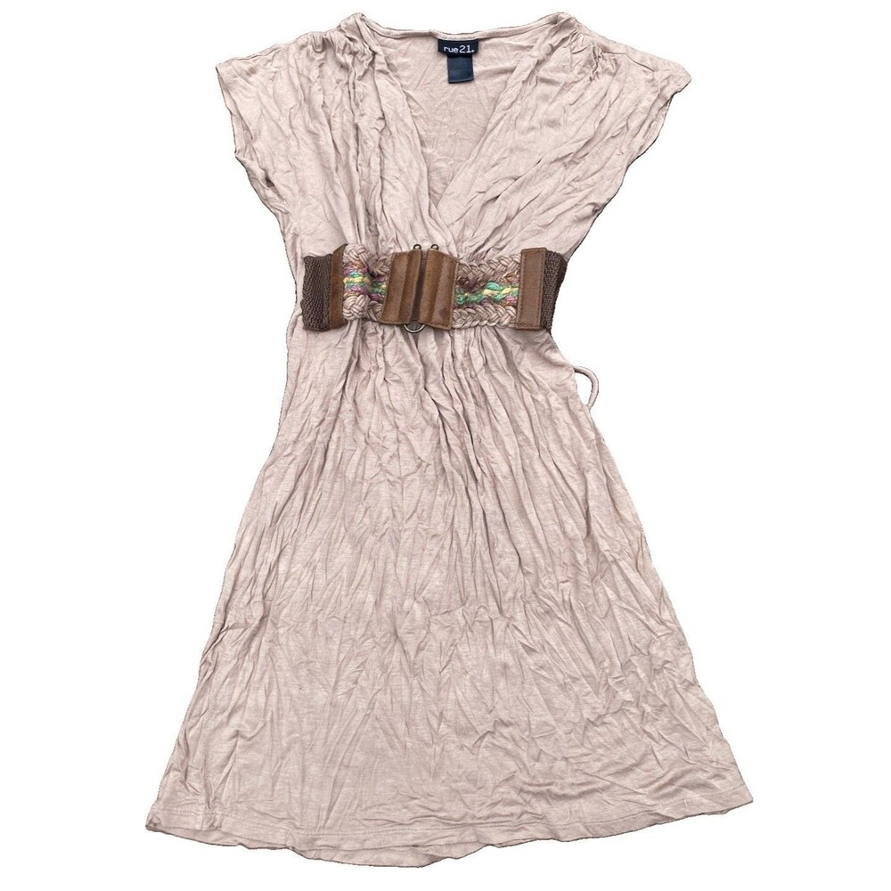 Y2K Rue21 Belted Mini Dress Tan Vneck Jrs Sz Medium Party Stretch Short Sleeve